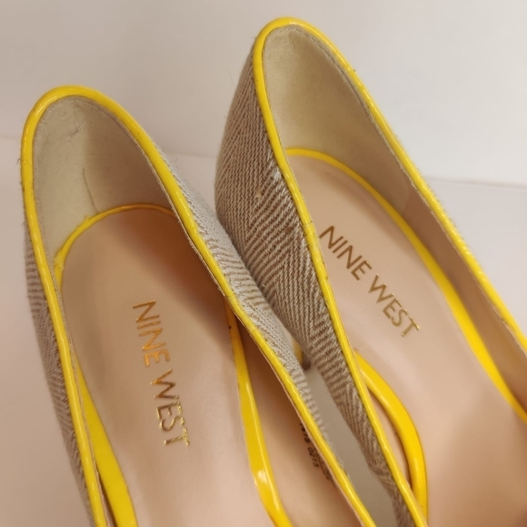NINE WEST Catchmeo Peep Toe Platform Heel Vegan Textile Wheat Yellow Buckle Sz 5 - Picture 9 of 13